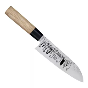   Satake Santoku Japán rozsdamentes konyhakés 59 HRC, 17 cm, magnóliafa markolat, Kapaszkodó cicák lézergravír mintázat