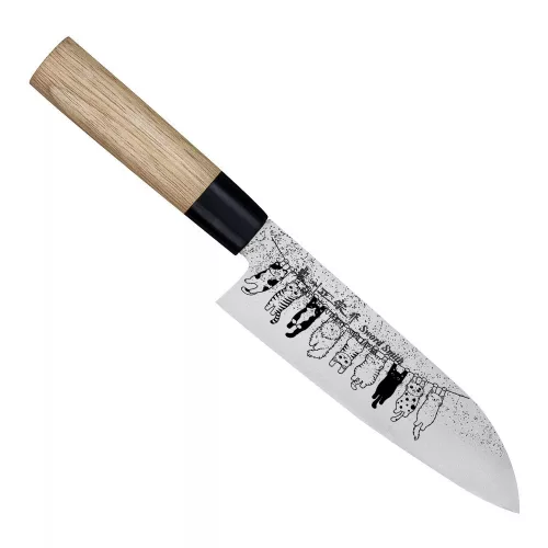 Satake Santoku Japán rozsdamentes konyhakés 59 HRC, 17 cm, magnóliafa markolat, Kapaszkodó cicák lézergravír mintázat