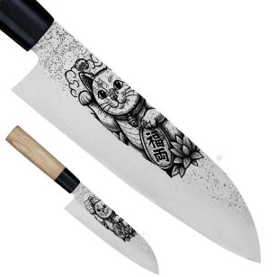   Satake Sparkling Kitty Santoku engraved Japanese kitchen knife Maneki-neko - Japanese Quality in Your Kitchen