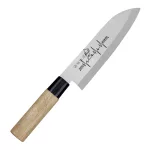Satake Megumi Santoku Japán rozsdamentes konyhakés 56 HRC, 17 cm, gumifa markolat, Foci Budapest 2026 lézergravír mintázat