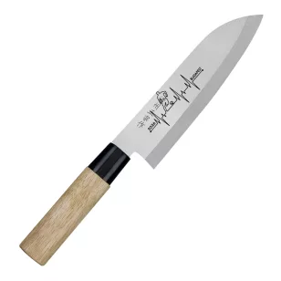   Satake Megumi Santoku Japán rozsdamentes konyhakés 56 HRC, 17 cm, gumifa markolat, Foci Budapest 2026 lézergravír mintázat