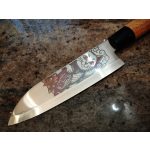 Satake Megumi Santoku engraved Japanese kitchen knife Maneki-neko - Japanese Quality in Your Kitchen
