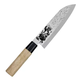   Satake Megumi Santoku Japán rozsdamentes konyhakés 56 HRC, 17 cm, gumifa markolat, Steak Bull lézergravír mintázat