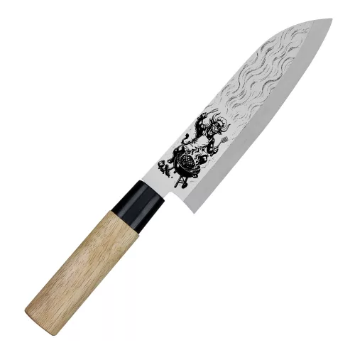 Satake Megumi Santoku Japán rozsdamentes konyhakés 56 HRC, 17 cm, gumifa markolat, Steak Bull lézergravír mintázat