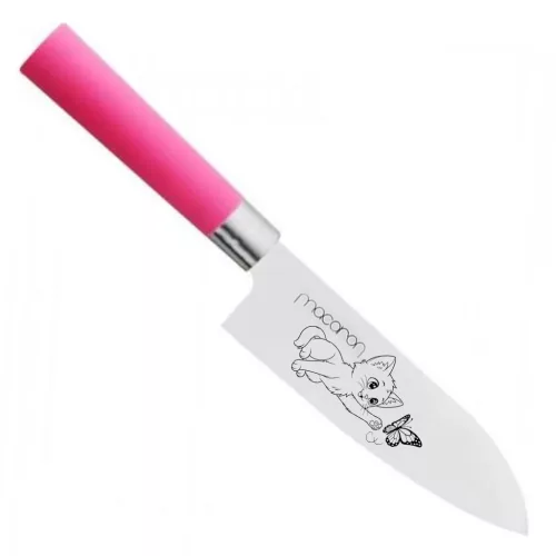 Satake Sword Smith Macaron Santoku Japán rozsdamentes konyhakés 58 HRC, 17 cm, polipropilén markolat, Kiscica pillangóval lézergravír mintázat 