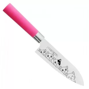   Satake Sword Smith Macaron Santoku Japán rozsdamentes konyhakés 58 HRC, 17 cm, polipropilén markolat, Kukucskáló cicák lézergravír mintázat 