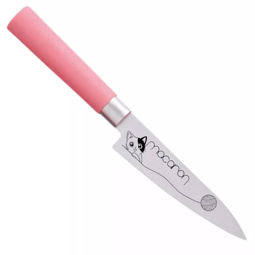 Satake Sword Smith Macaron Japán rozsdamentes univerzális konyhakés 58 HRC, 12 cm, polipropilén markolat Kiscica gombolyaggal lézergravír mintázat