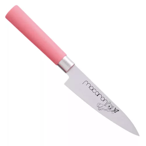 Satake Sword Smith Macaron Japán rozsdamentes univerzális konyhakés 58 HRC, 12 cm, polipropilén markolat Kiscica pillangóval lézergravír mintázat