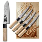 Satake Steak készlet 5 részes - 1 db Satake Megumi Santoku Steak Bull Japán konyhakés és 1 db Satake Megumi Japán  4 részes steak készlet díszdobozban